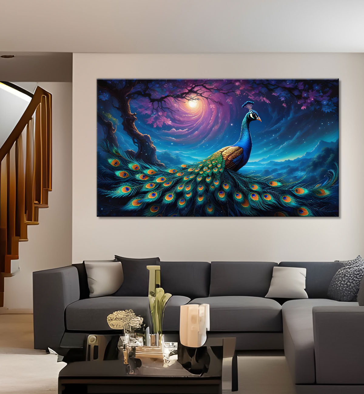 Peacock on the branch with blue background modern art Canvas Painting - Design - Peacock-42