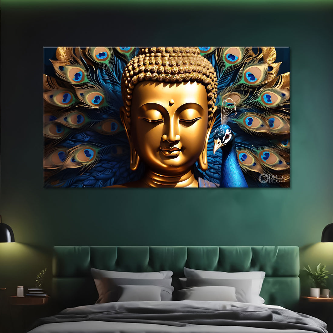 Golden buddha with the peacock feathers background textured painting Canvas Wall Painting - Buddha-430