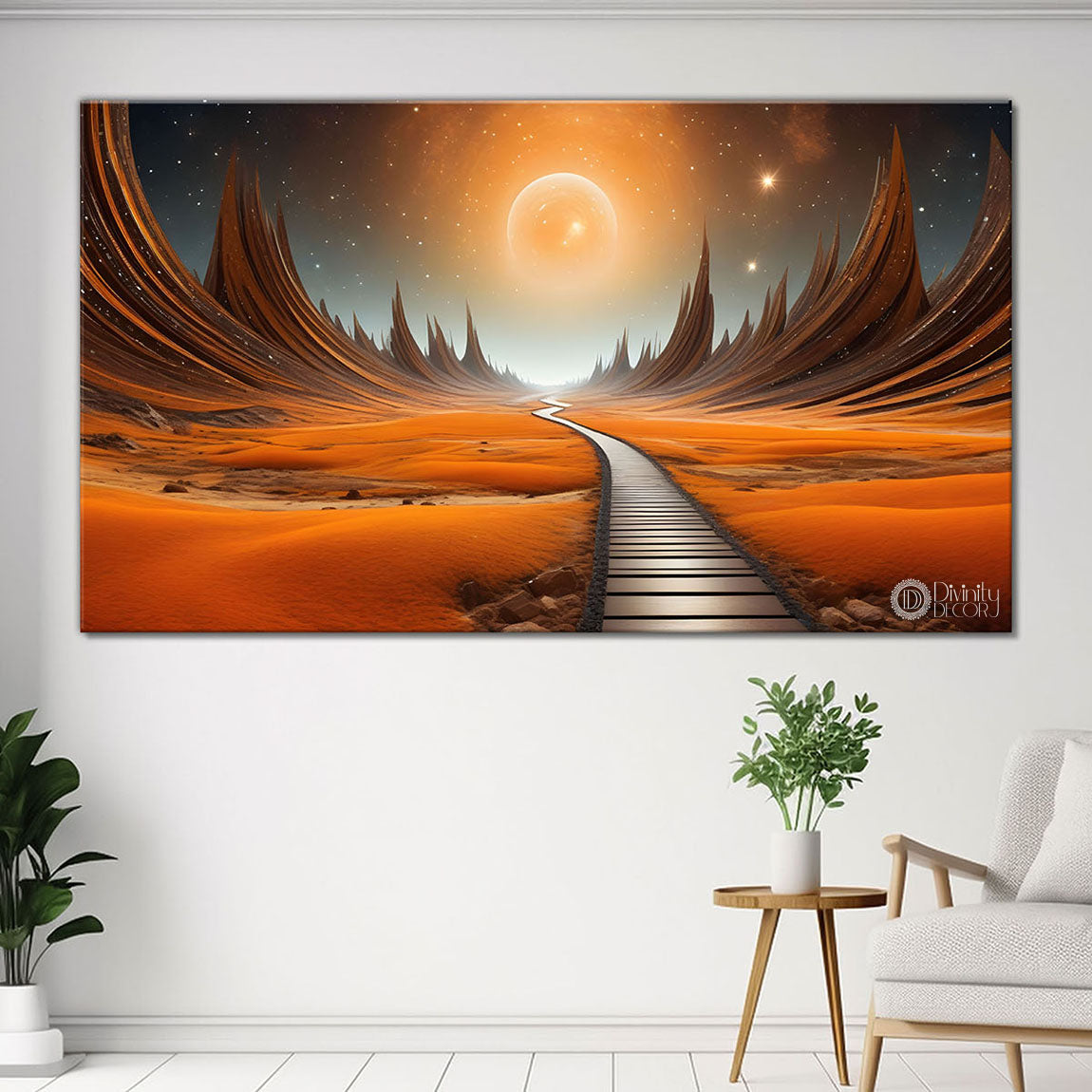 Orange mountains and land with moon painting Canvas Painting - Nature Art -430