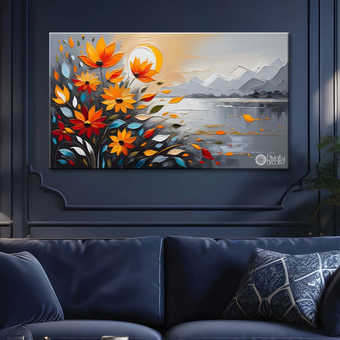 Orange flowers with the sunset and river textured painting canvas painting- Flower-430