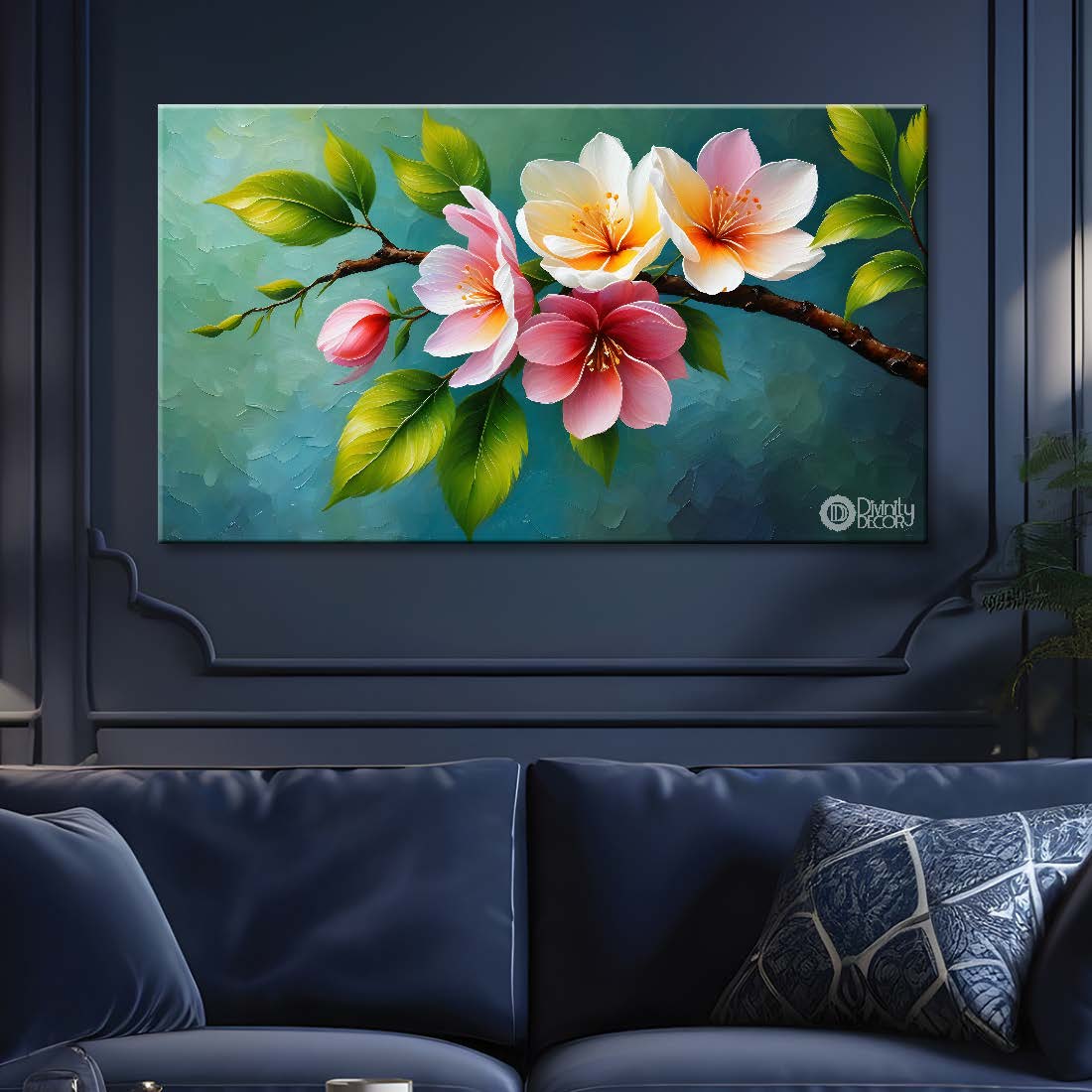 Pink flowers in green background canvas painting- Flower-431