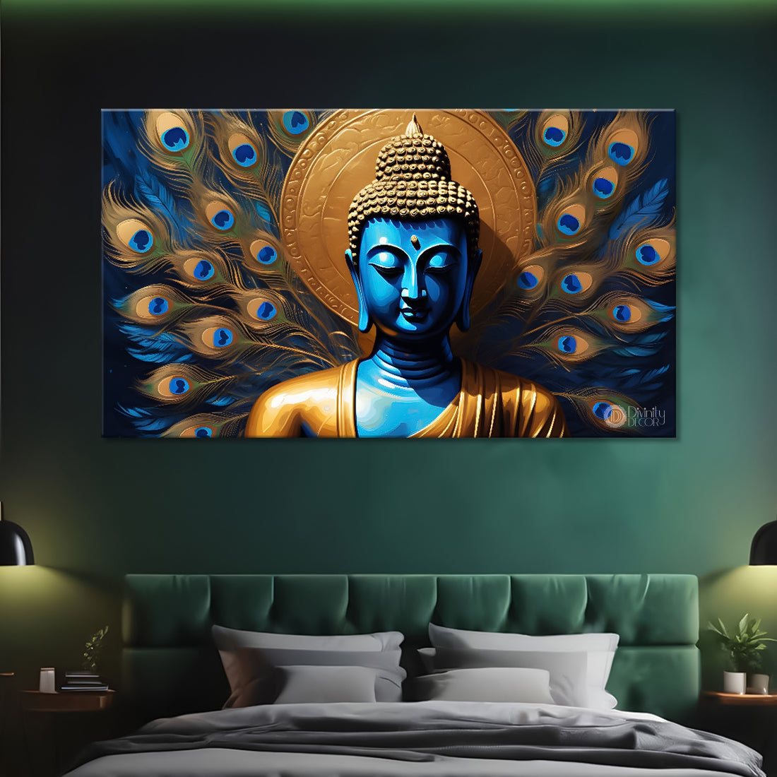 Blue buddha with the peacock feathers background textured painting Canvas Wall Painting - Buddha-432