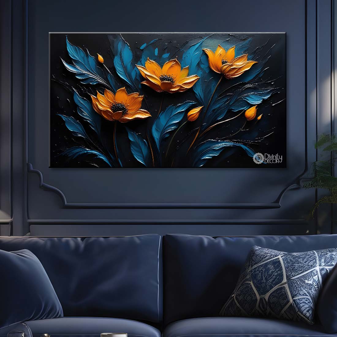 Yellow flowers in green and dark background canvas painting- Flower-432