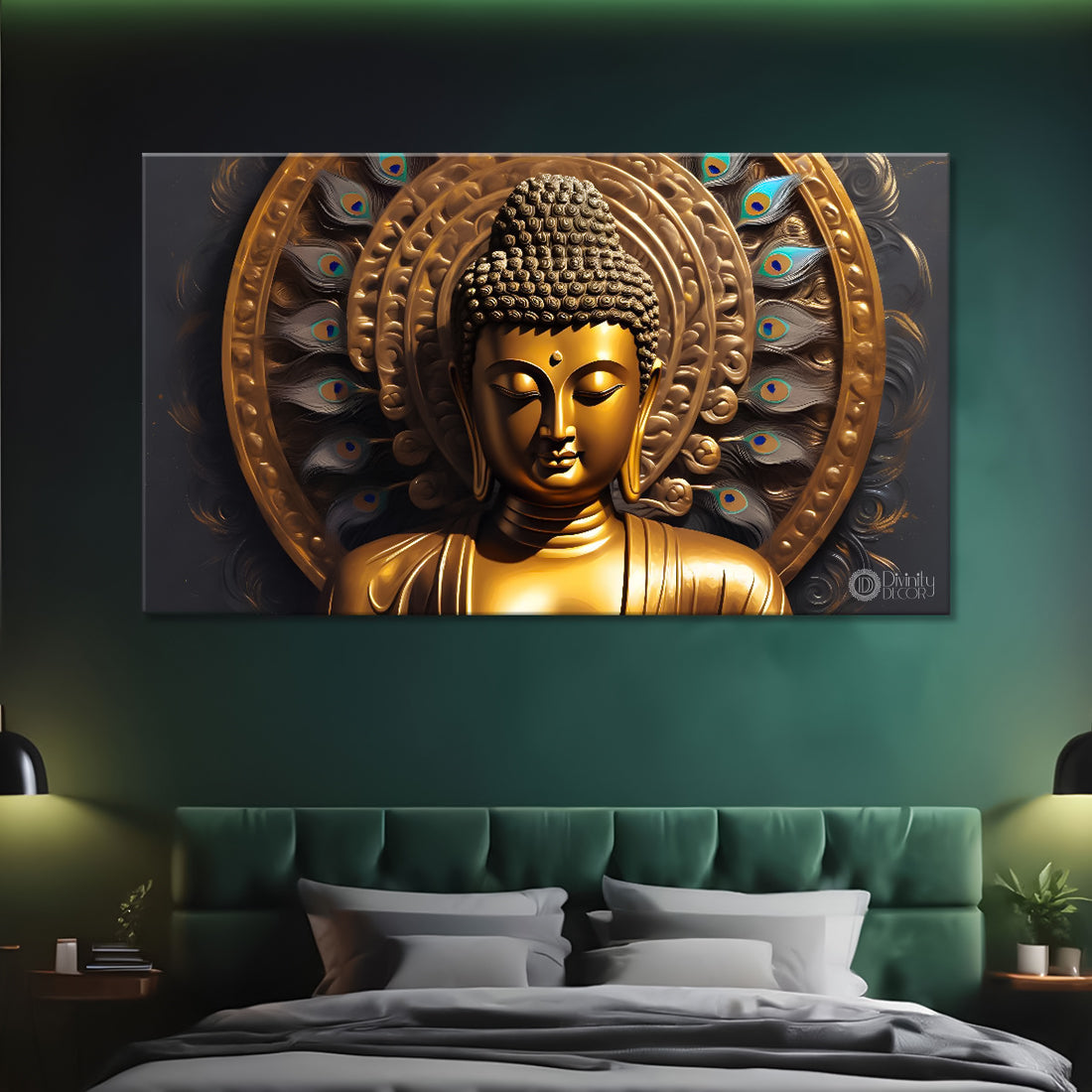 Golden buddha with the golden peacock feathers background textured painting Canvas Wall Painting - Buddha-433