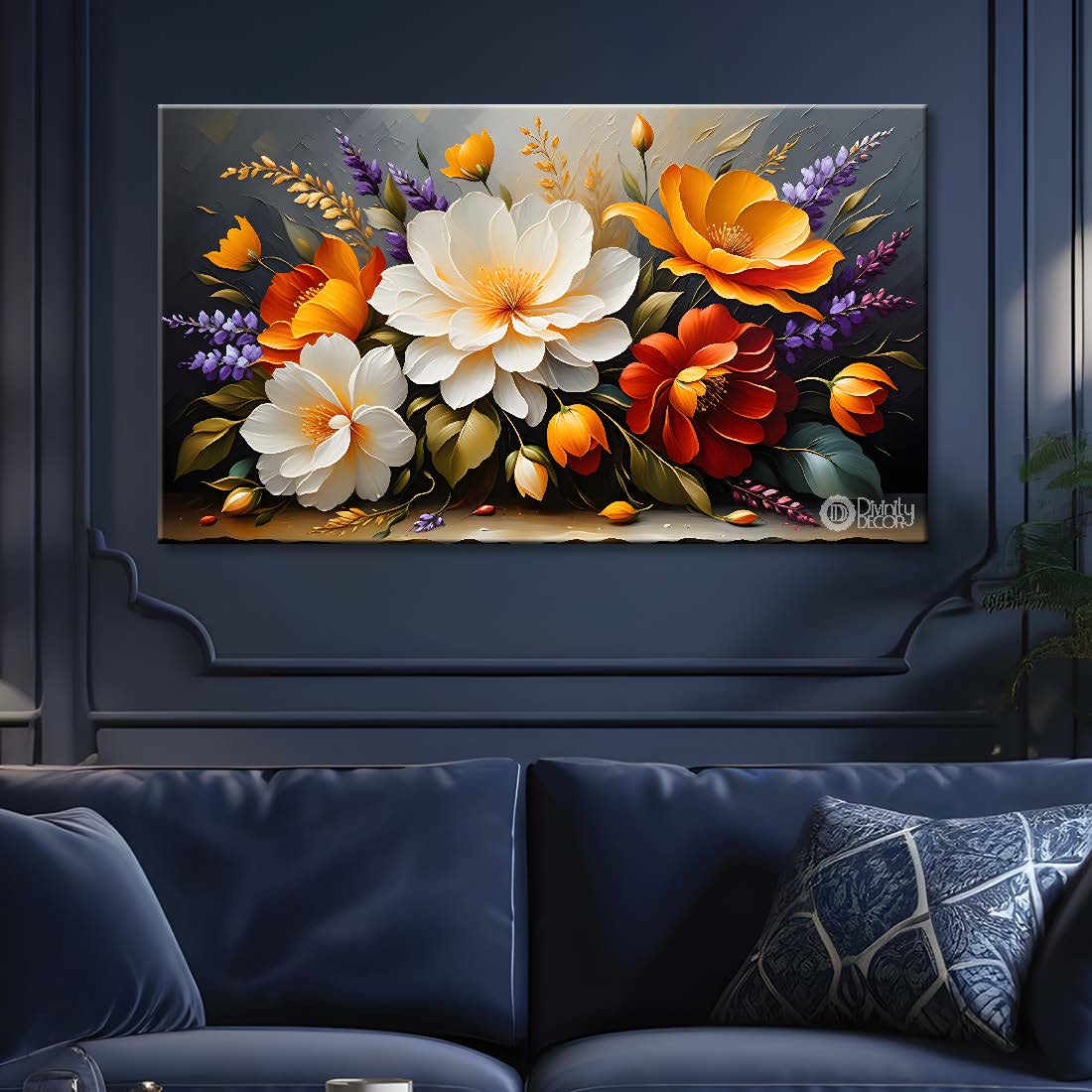 White flowers in the grey background canvas painting- Flower-433