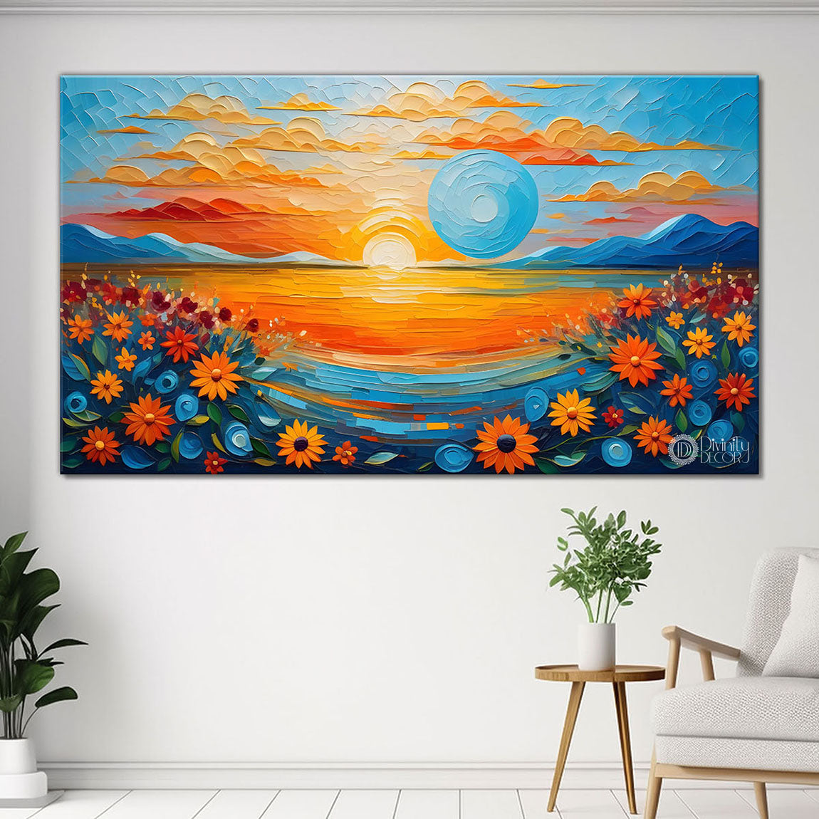 Sunrise with flowers painting Canvas Painting - Nature Art -433