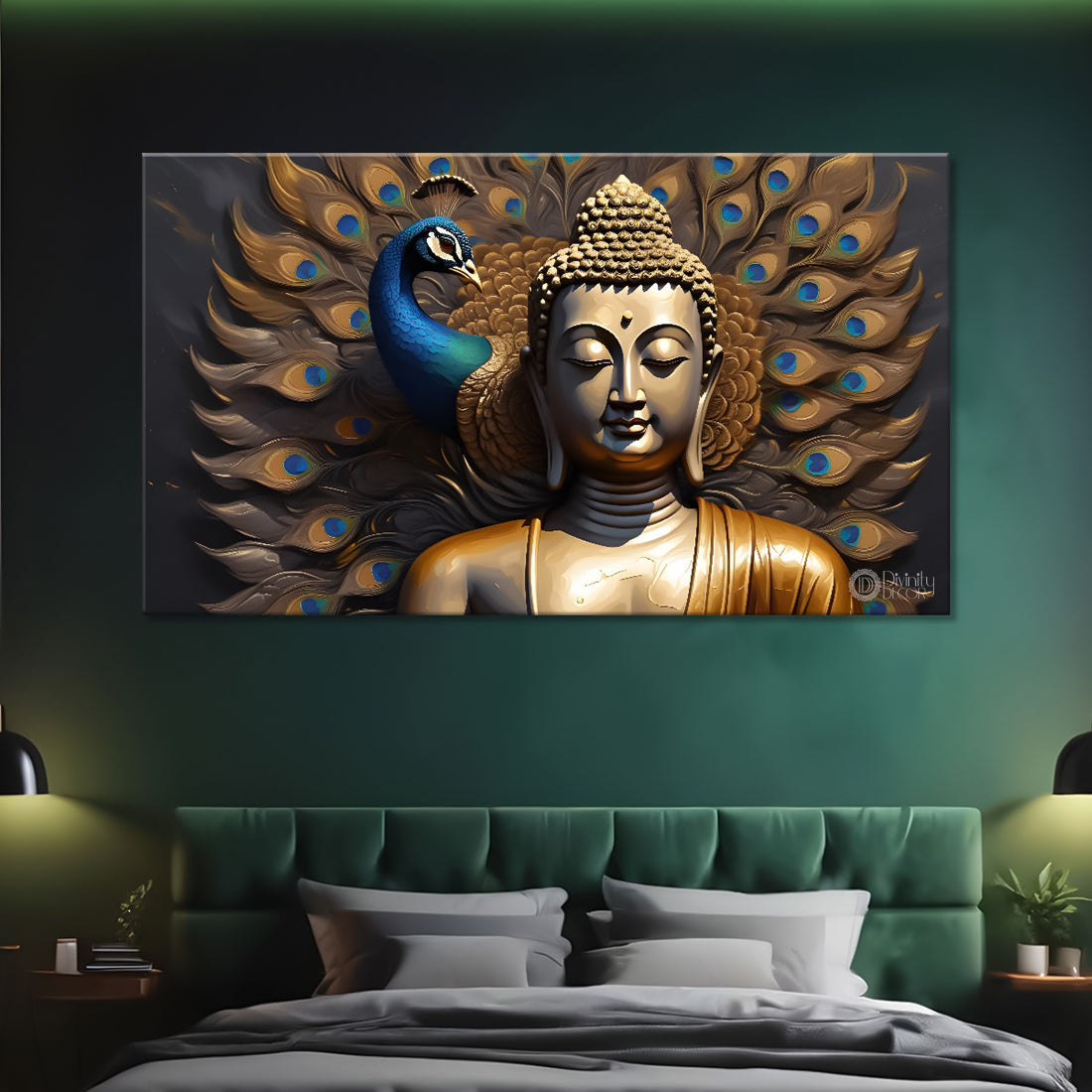 Golden buddha with the peacock feathers background textured painting Canvas Wall Painting - Buddha-434
