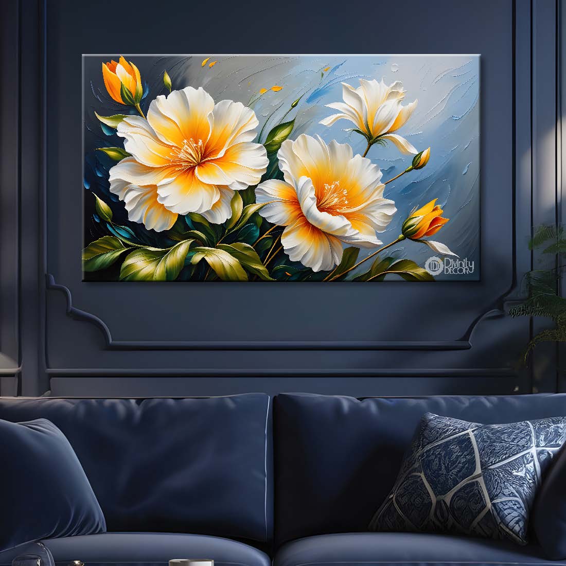 White flowers in blue background canvas painting- Flower-434