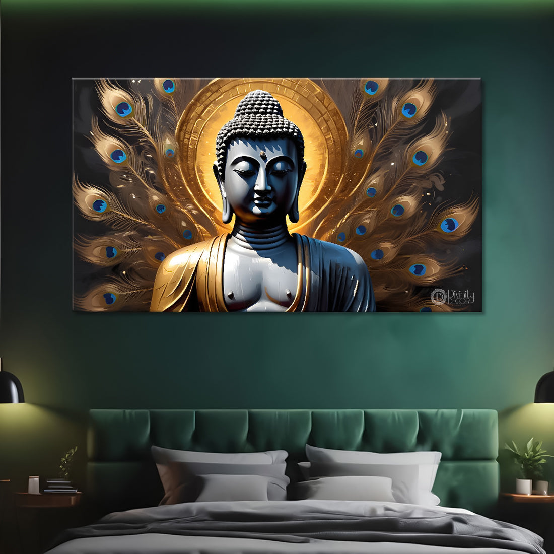 Golden buddha with the peacock feathers background textured painting Canvas Wall Painting - Buddha-435