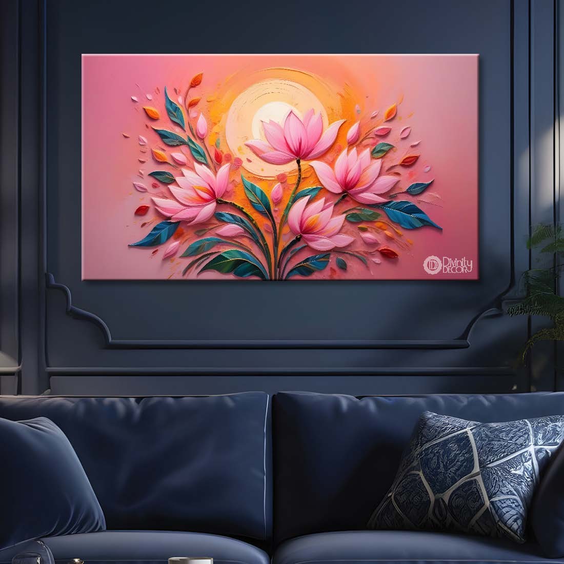 Pink flowers with pink and sun textured art canvas painting- Flower-435