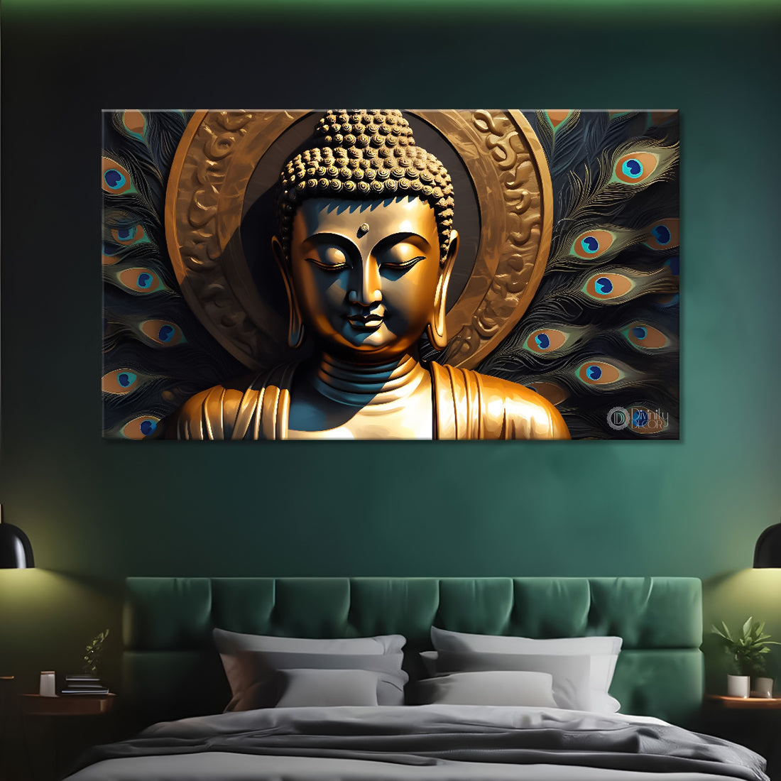 Golden buddha with the peacock feathers background textured painting Canvas Wall Painting - Buddha-436