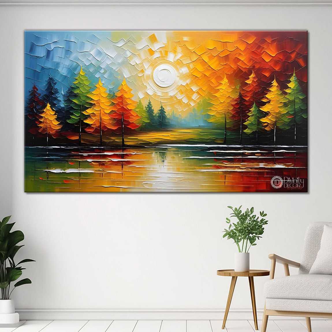 Colorful trees with river painting Canvas Painting - Nature Art -437