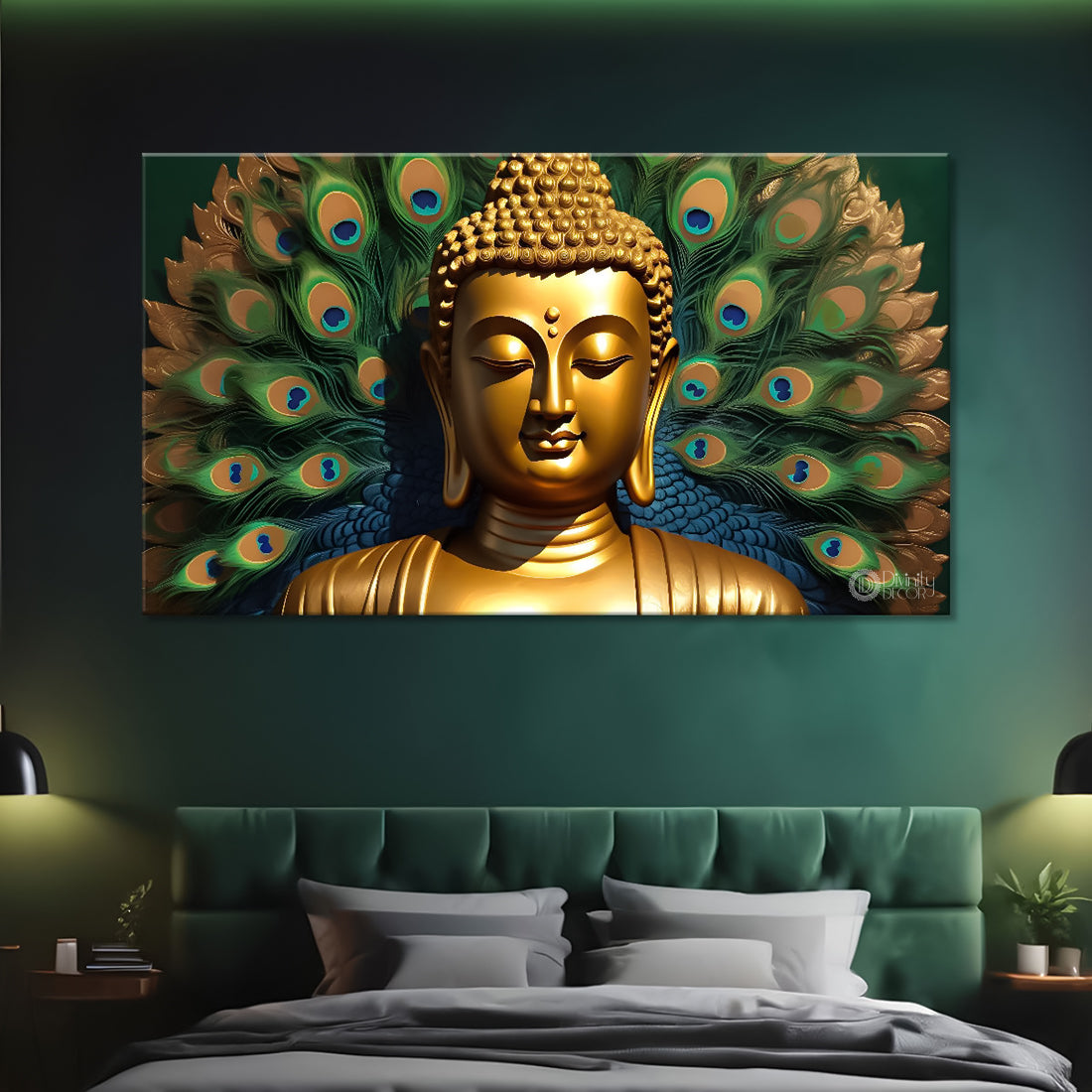 Golden buddha with the peacock feathers background textured painting Canvas Wall Painting - Buddha-438