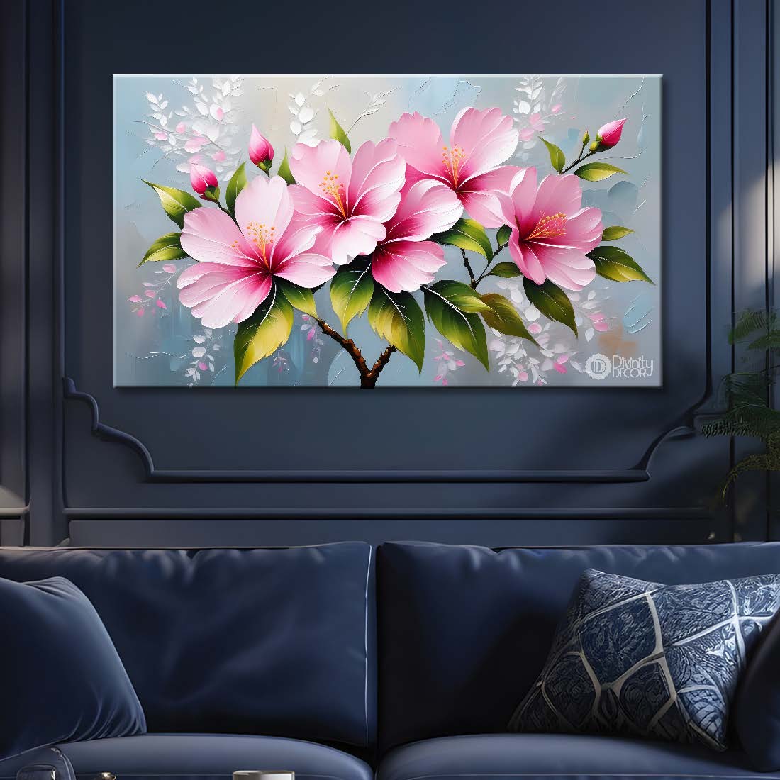 Pink flowers with blue background canvas painting- Flower-438