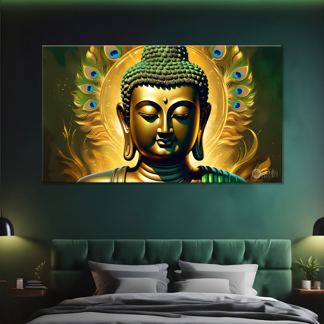 Golden buddha with the peacock feathers background textured painting Canvas Wall Painting - Buddha-439