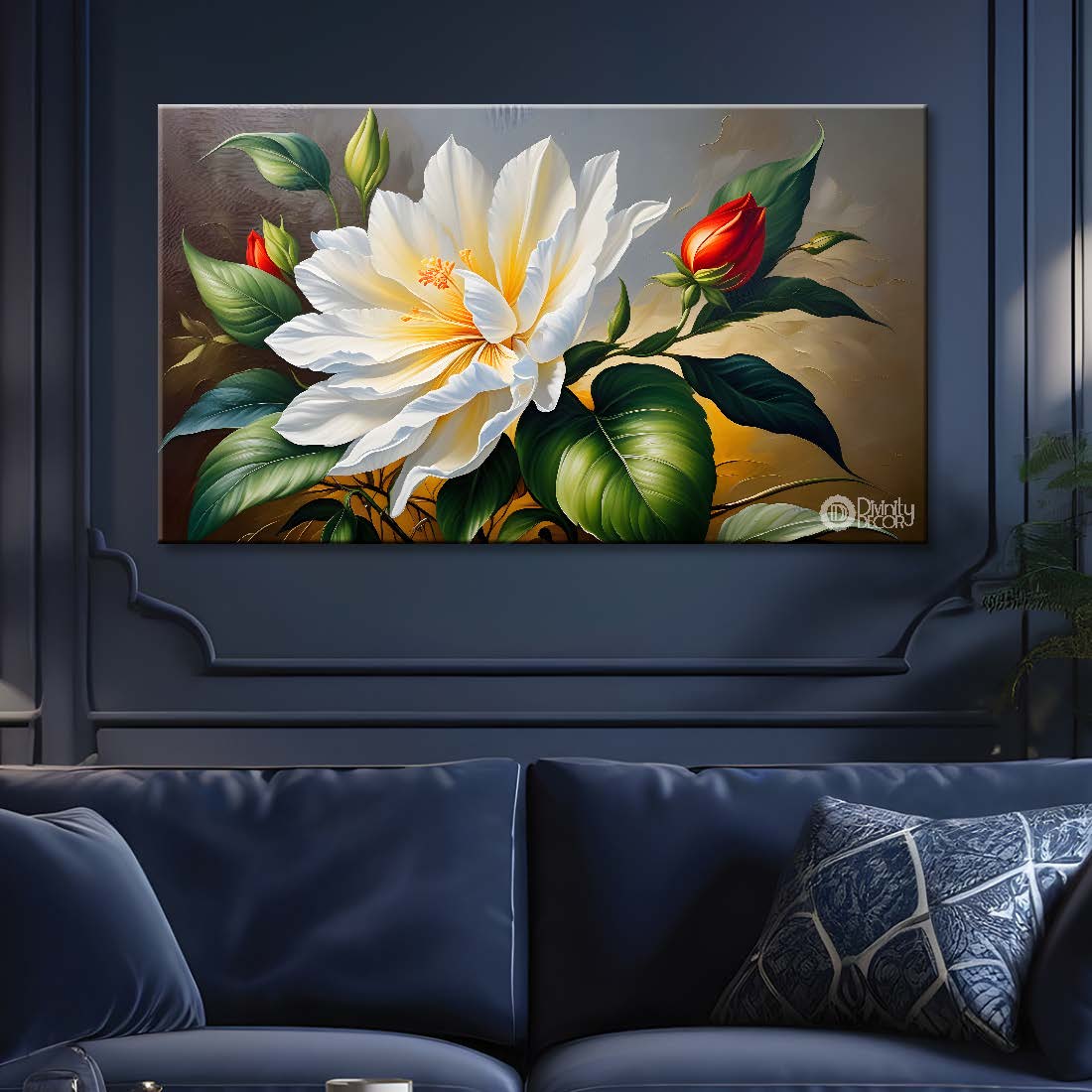 White flower with grey background canvas painting- Flower-439