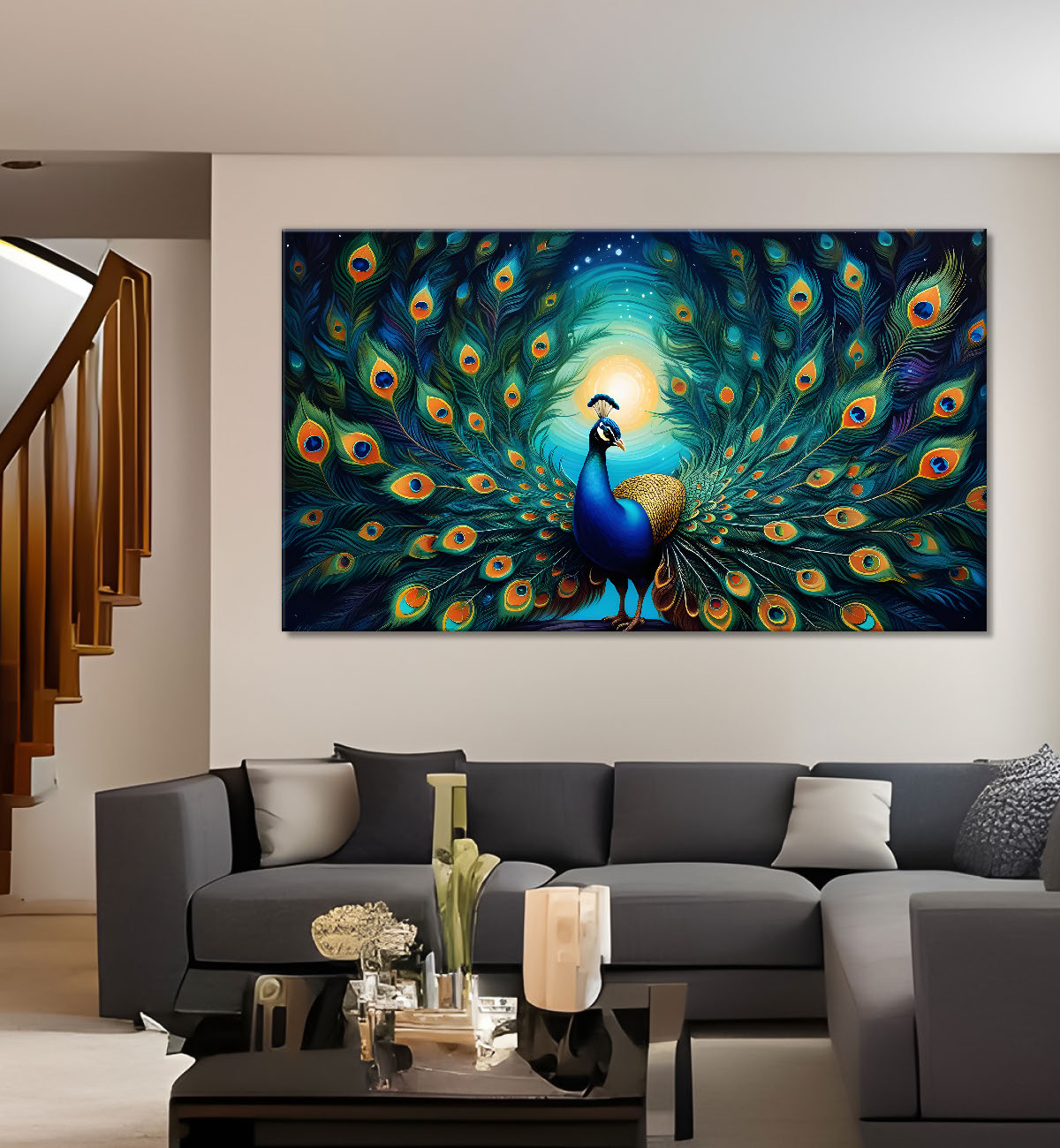 Peacock in blue color background oil painting Canvas Painting - Design - Peacock-43