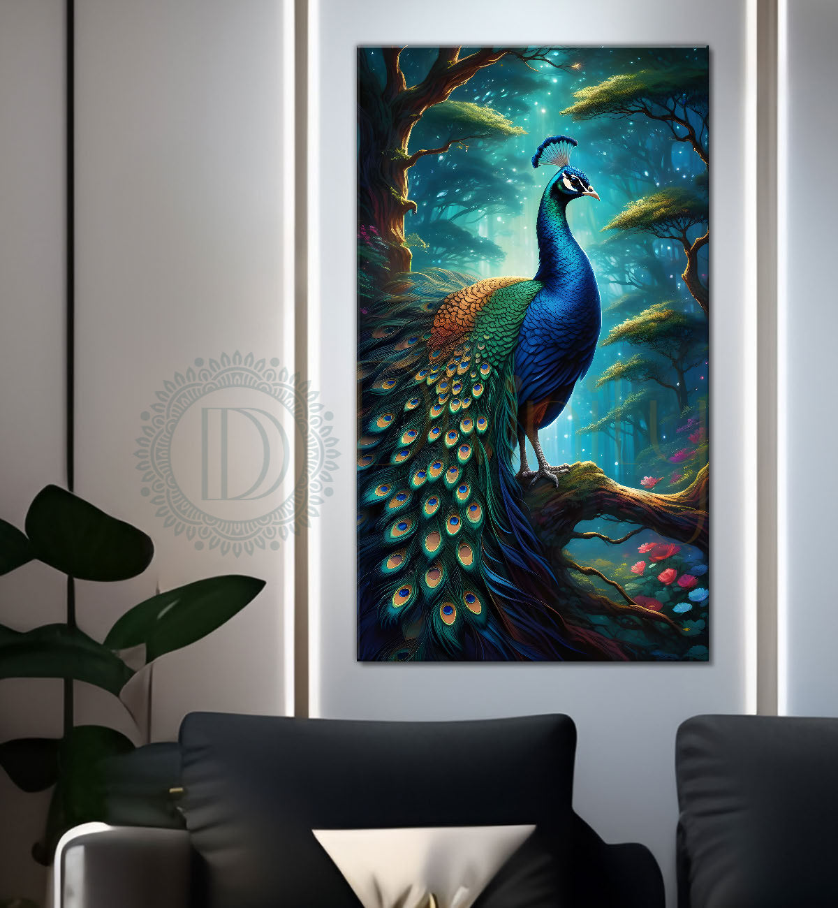 Peacock on branch in front of moon with aqua background modern art painting  - Design - Peacock-V-43