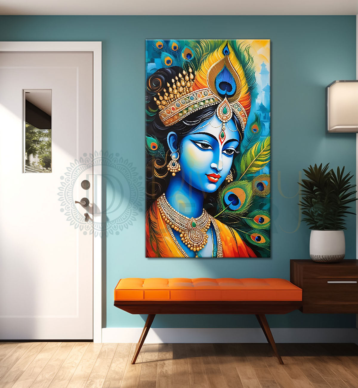 Blue face of krishna in peacock feathers background textured art Canvas Painting - Design - Krishna-V-43
