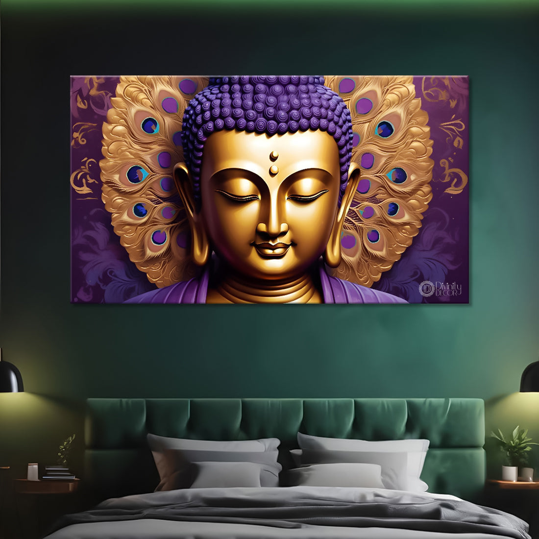 Purple buddha with the peacock feathers background textured painting Canvas Wall Painting - Buddha-440