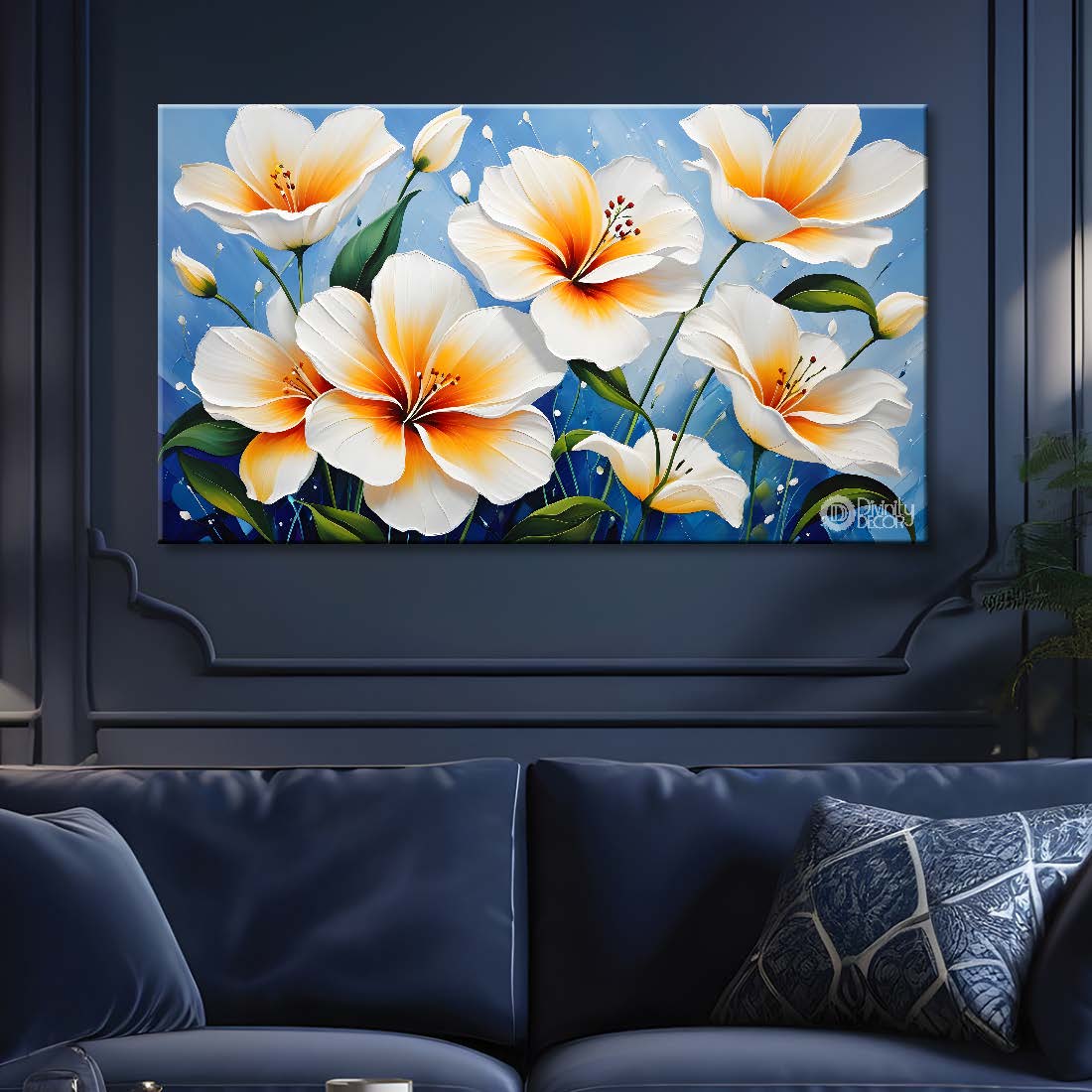 White flowers with blue background canvas painting- Flower-440