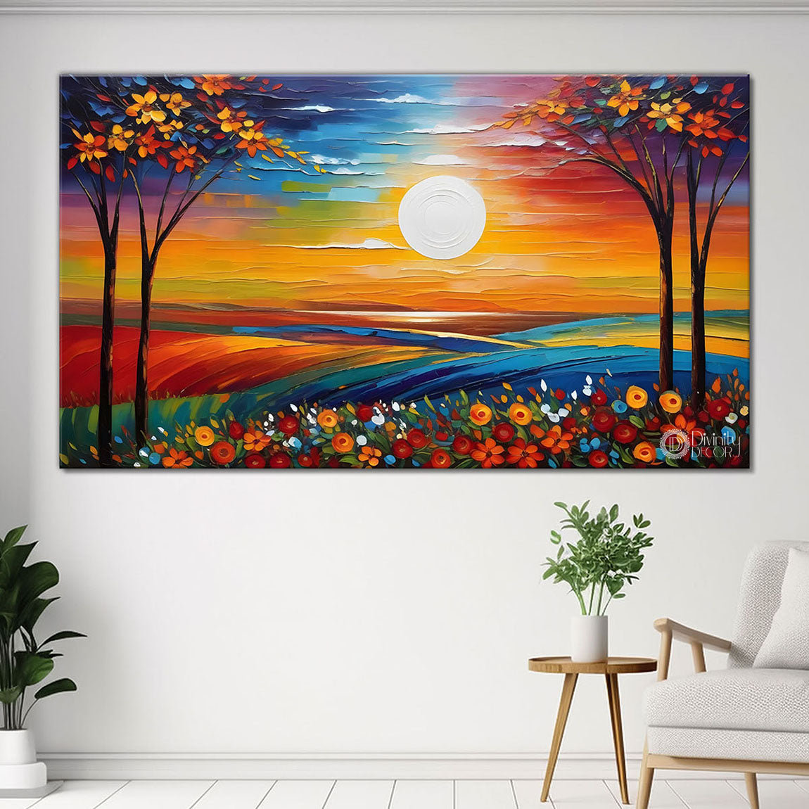 Trees with flower and sunset painting Canvas Painting - Nature Art -440