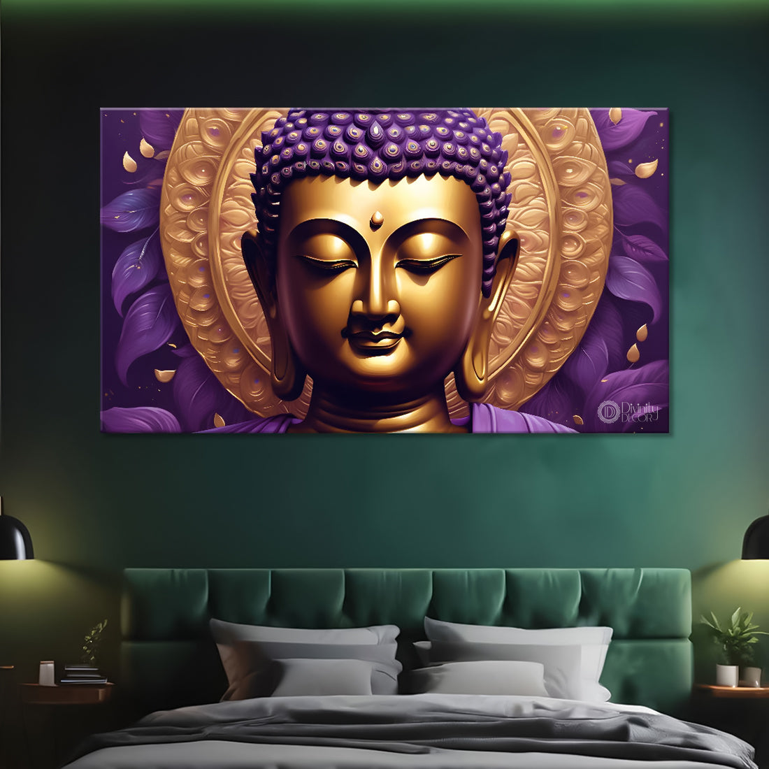 Purple buddha with the peacock feathers background textured painting Canvas Wall Painting - Buddha-441