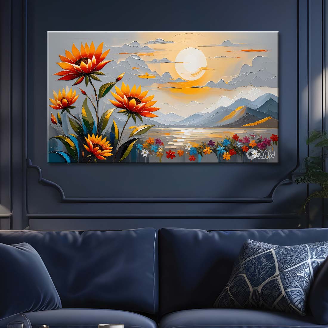 Sunflowers with the mountains and sun in grey textured art canvas painting- Flower-441