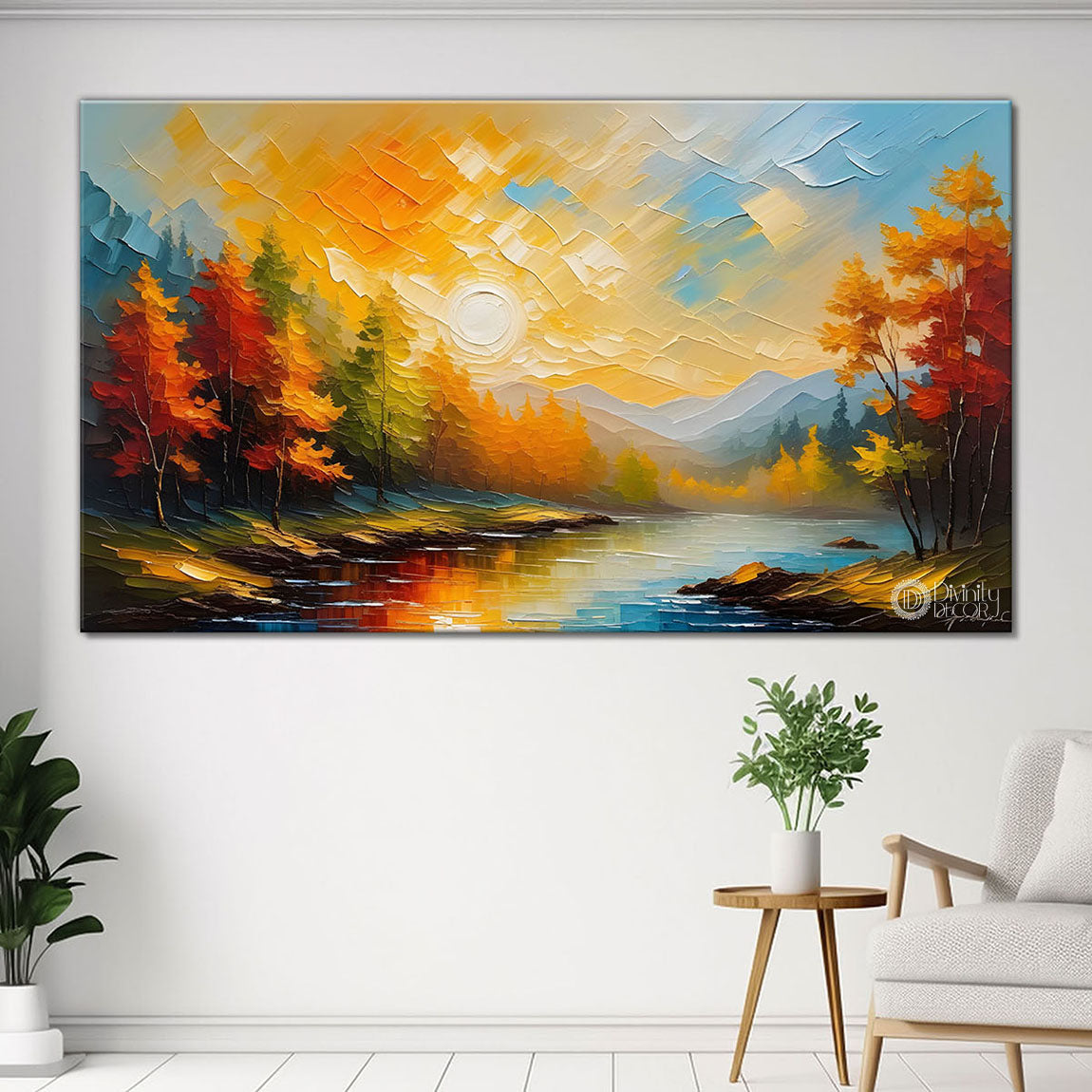 Colorful trees with river painting Canvas Painting - Nature Art -441