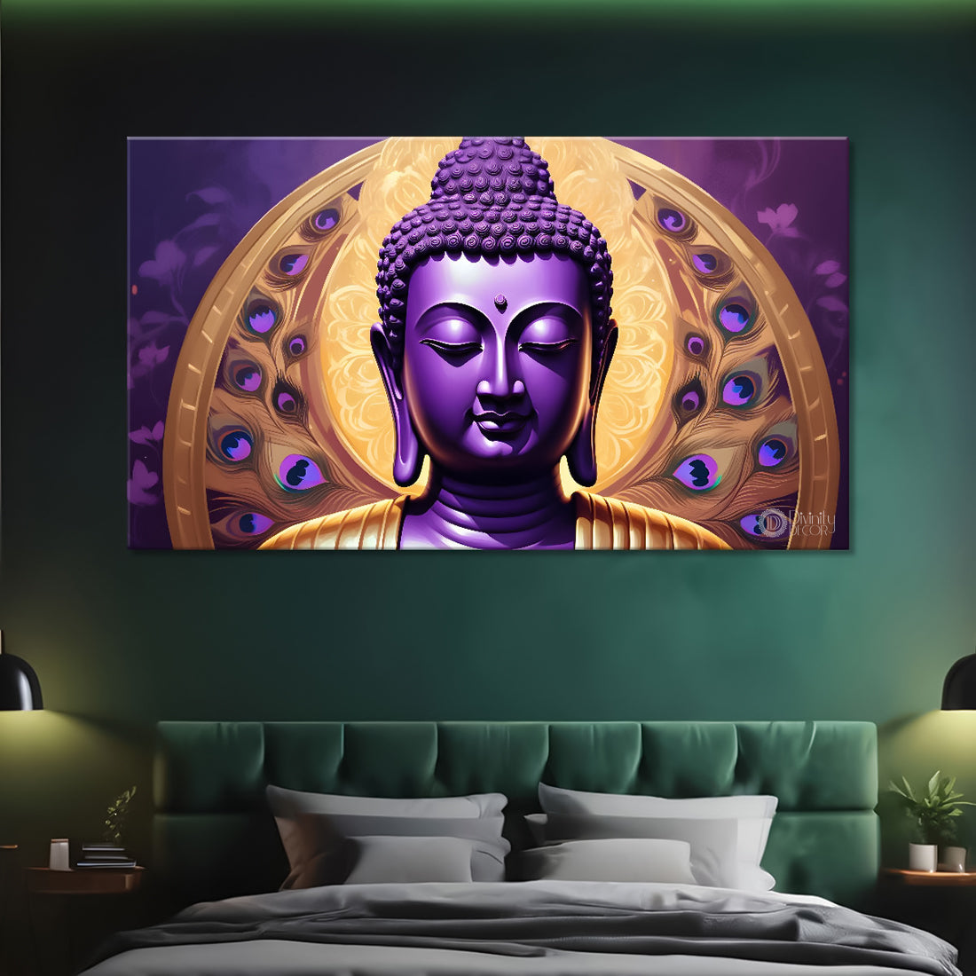 Purple buddha with the peacock feathers background textured painting Canvas Wall Painting - Buddha-442