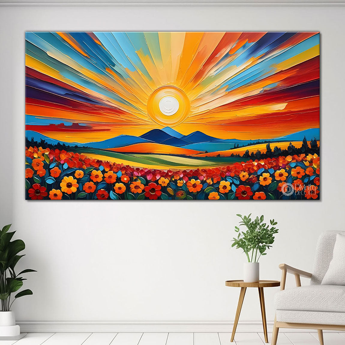 Mountains with flowers and sunset painting Canvas Painting - Nature Art -442