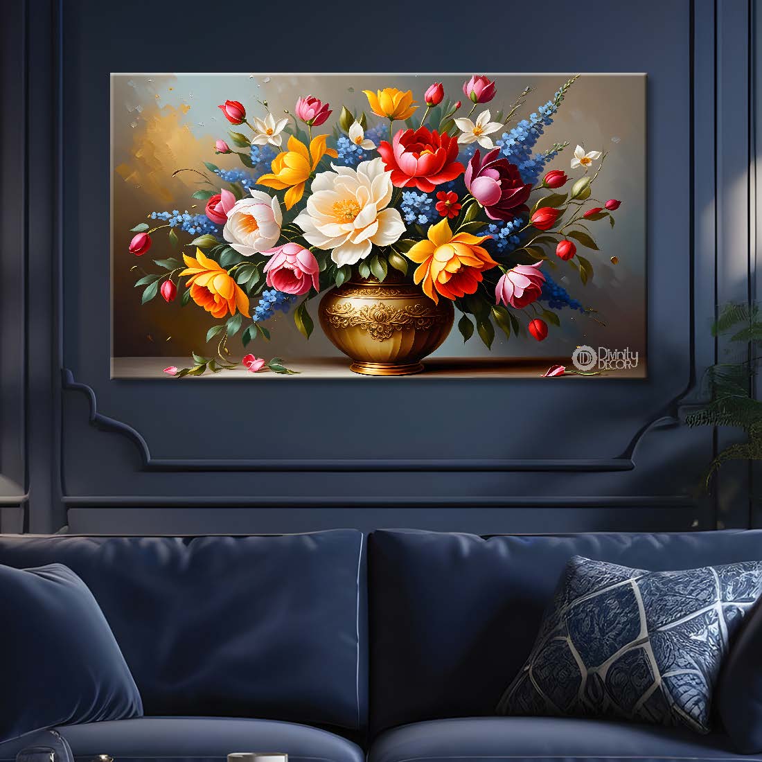 Colorful flowers in grey background canvas painting- Flower-442