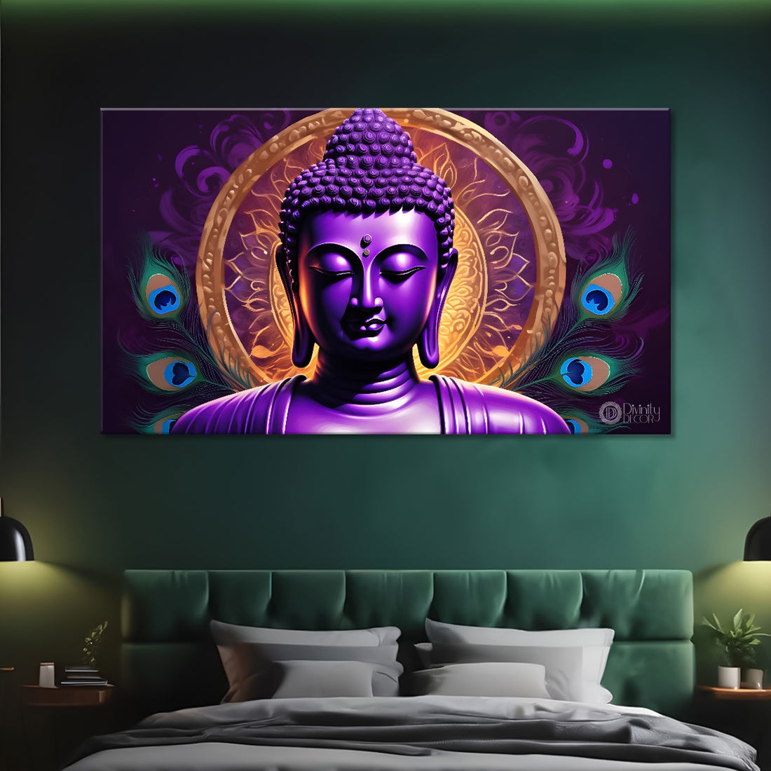 Purple buddha with the peacock feathers background textured painting Canvas Wall Painting - Buddha-443