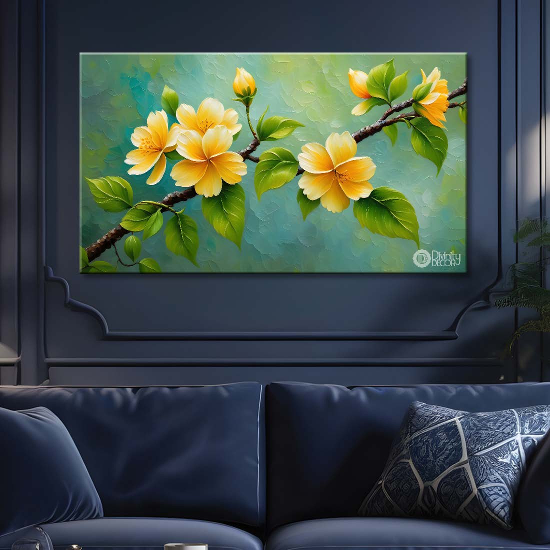 Yellow flowers in green background canvas painting- Flower-443
