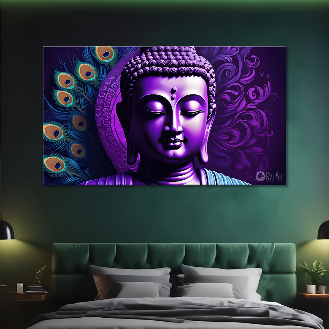 Purple buddha with the peacock feathers background textured painting Canvas Wall Painting - Buddha-444