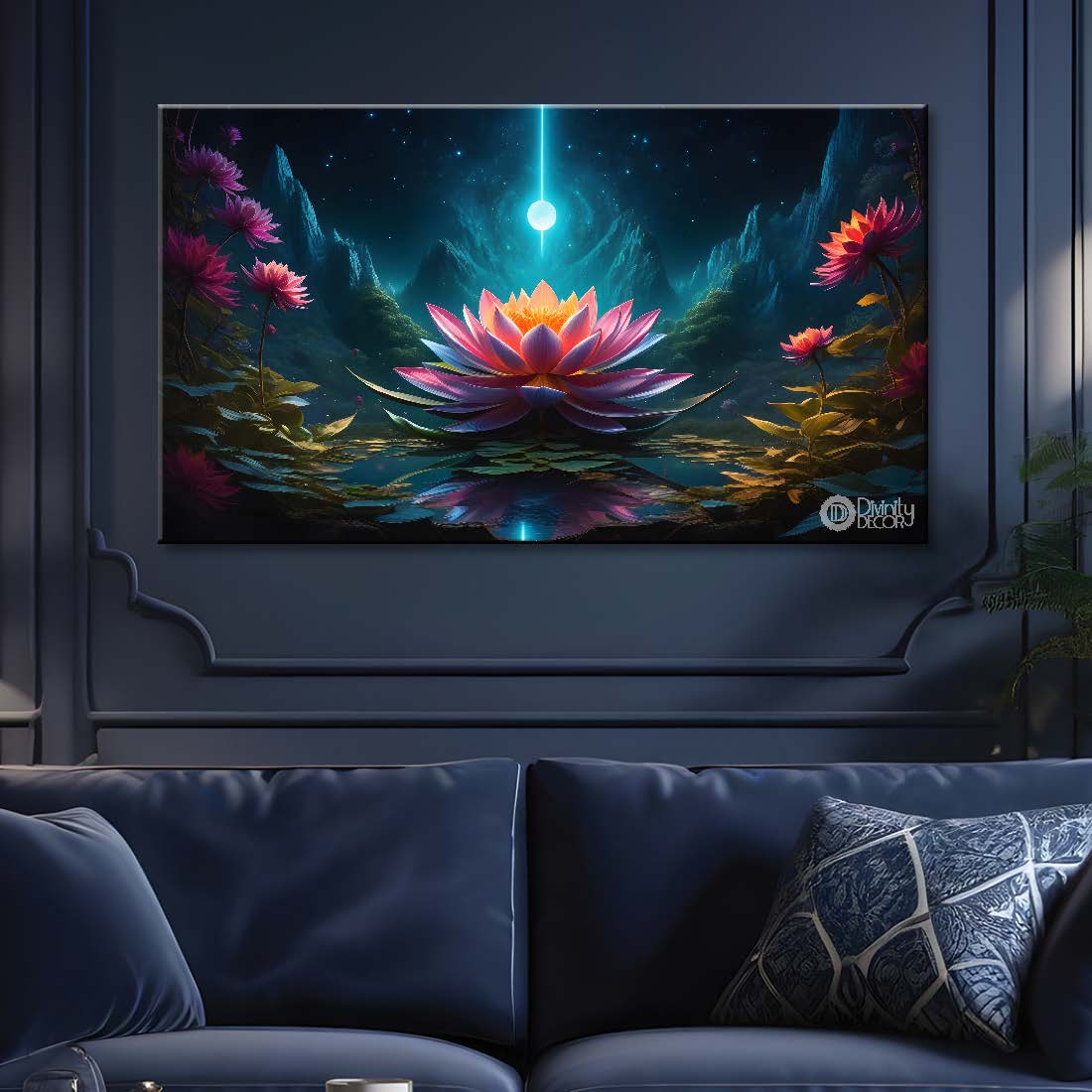 Pink flowers with blue and background canvas painting- Flower-444