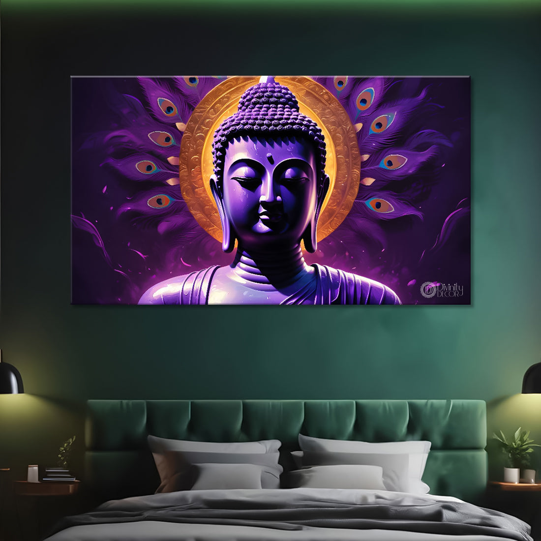 Purple buddha with the peacock feathers background textured painting Canvas Wall Painting - Buddha-445