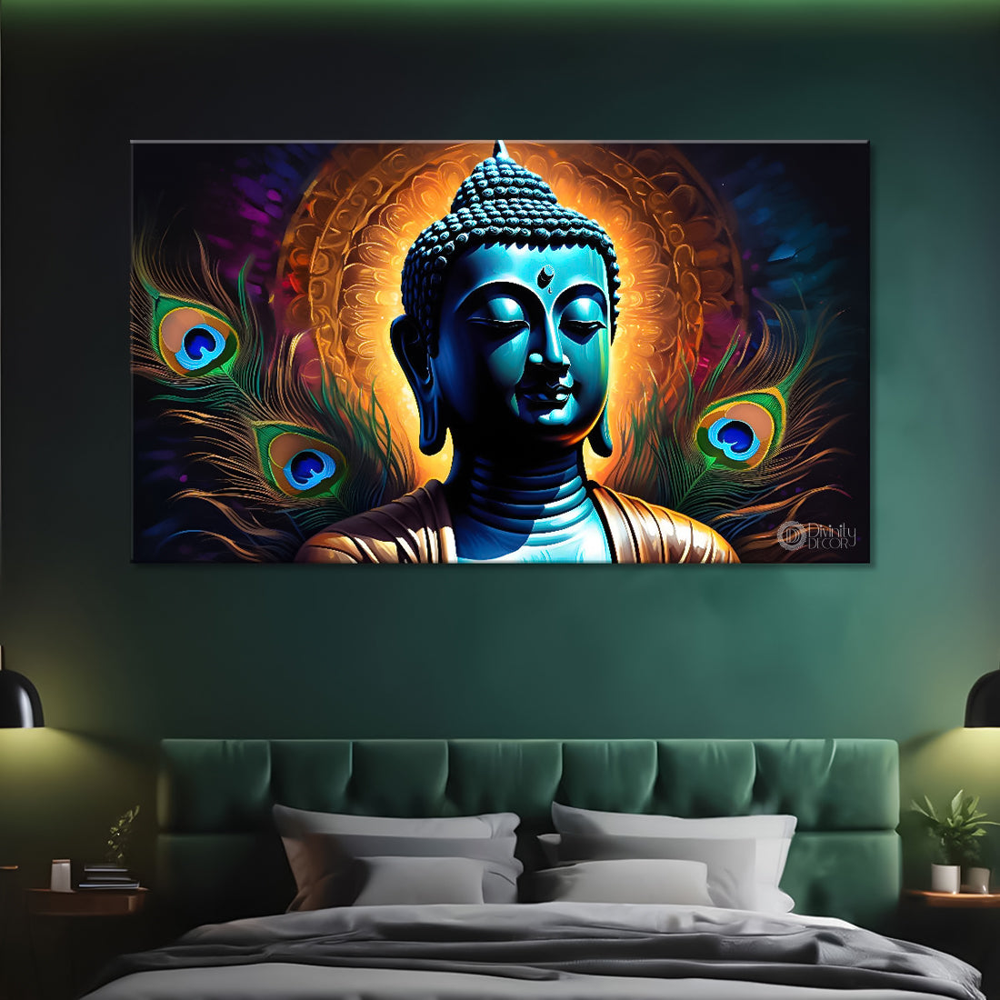 Blue buddha with the peacock feathers background textured painting textured painting Canvas Wall Painting - Buddha-446