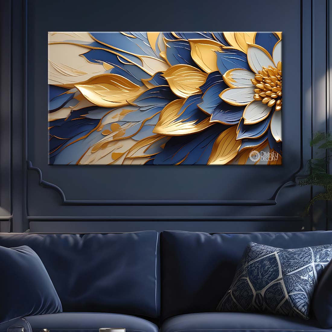 Golden and blue textured flower canvas painting- Flower-446