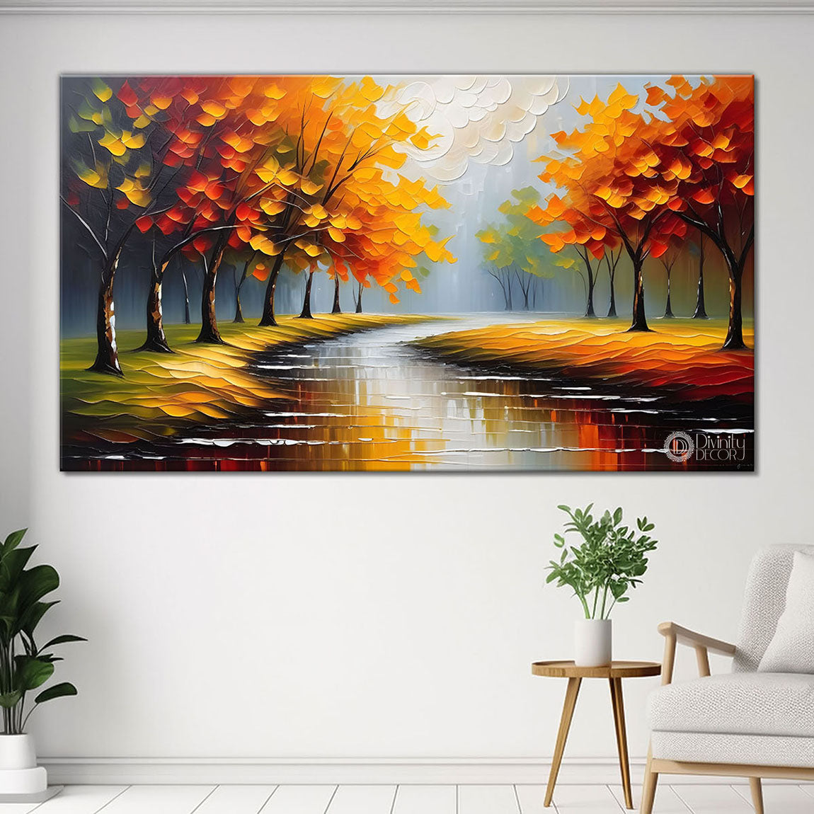 Orange trees with lake painting Canvas Painting - Nature Art -446