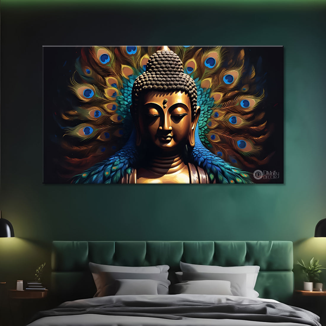 Golden buddha with the peacock feathers background textured painting textured painting Canvas Wall Painting - Buddha-447
