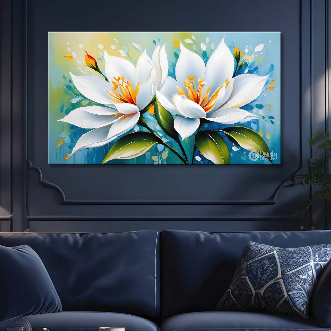 White flowers in blue background canvas painting- Flower-447