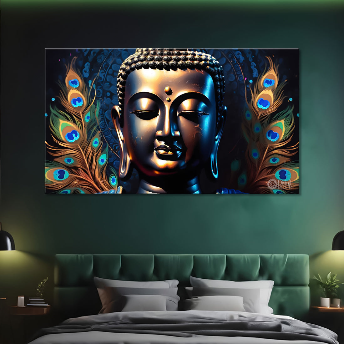 Golden buddha with the peacock feathers background textured painting Canvas Wall Painting - Buddha-448