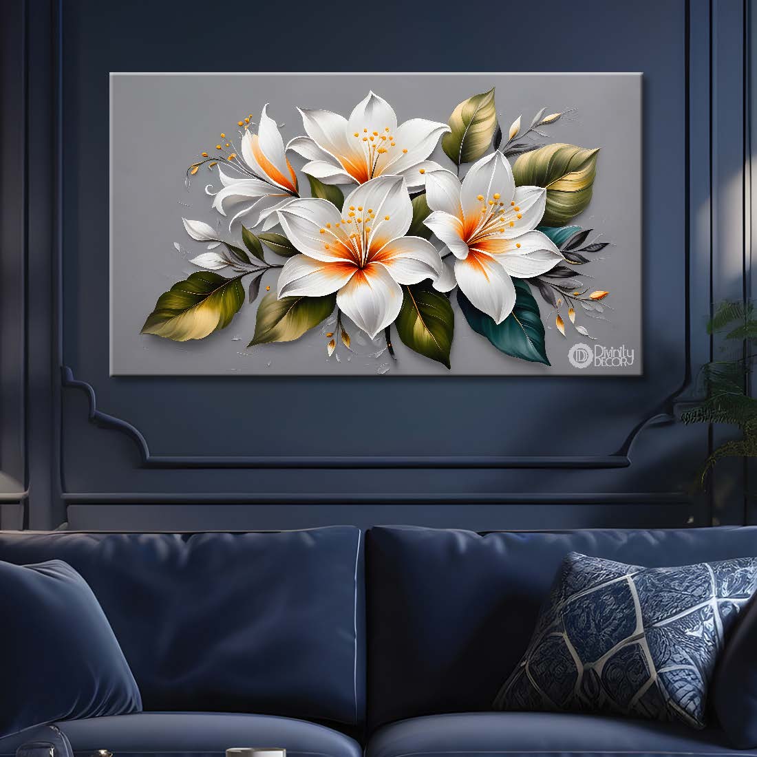 White flowers in grey background canvas painting- Flower-448