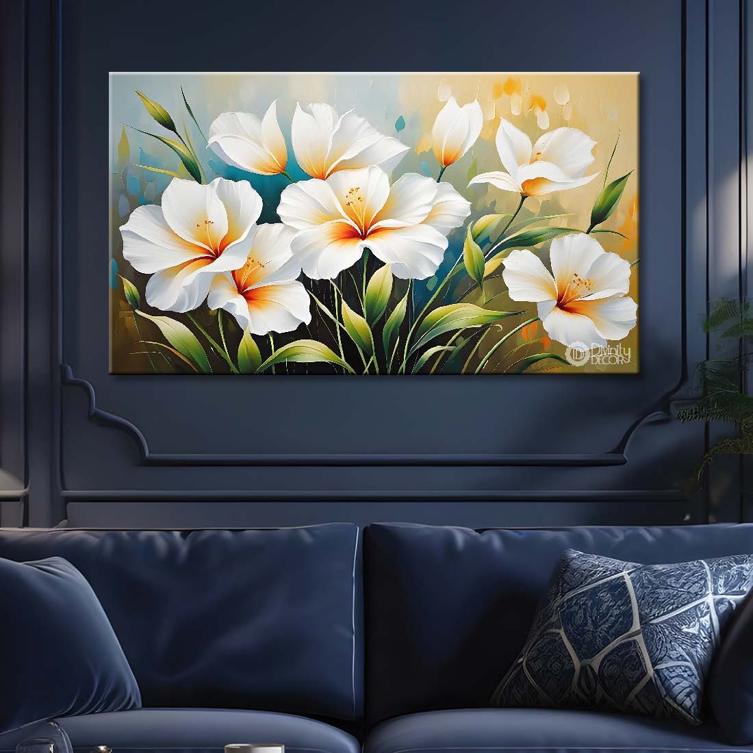 White flowers in blue background canvas painting- Flower-449