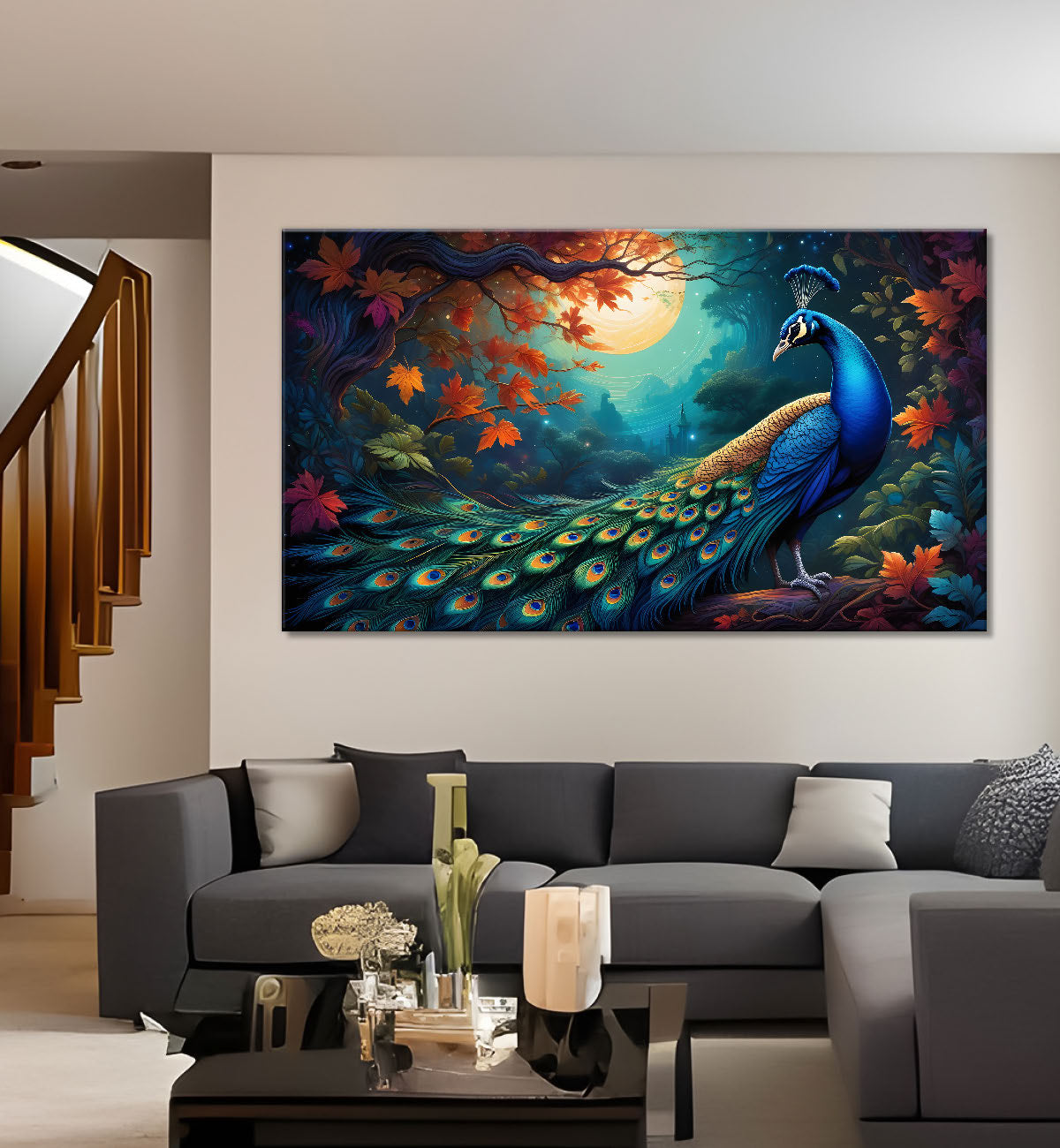 Peacock in bright green colors oil painting Canvas Painting - Design - Peacock-44