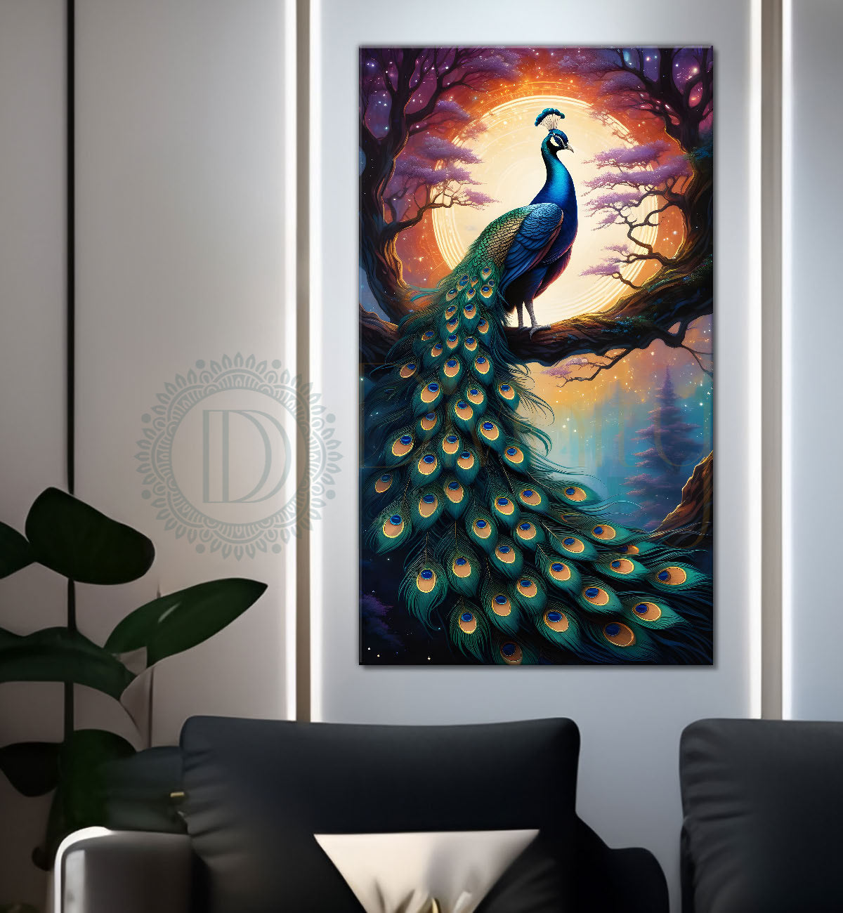 Peacock on branch in front of moon with dark background modern art painting  - Design - Peacock-V-44