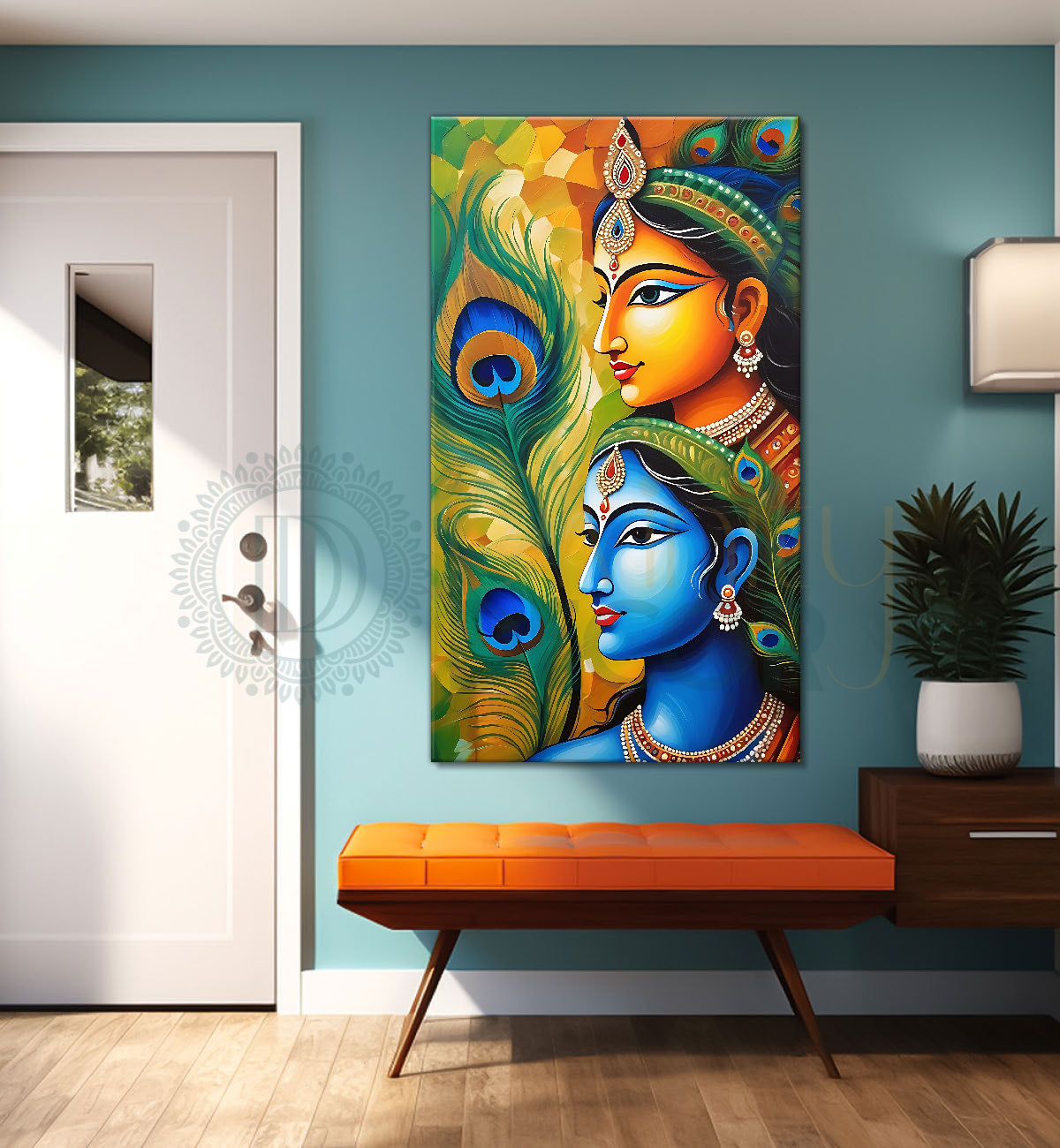 Blue face of krishna with radha in peacock feathers background textured art Canvas Painting - Design - Krishna-V-44