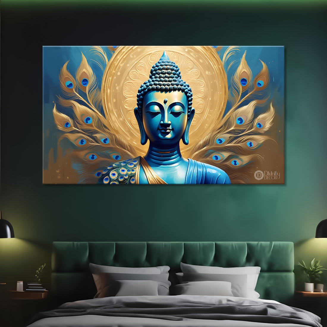 Blue buddha with the peacock feathers background textured painting Canvas Wall Painting - Buddha-450