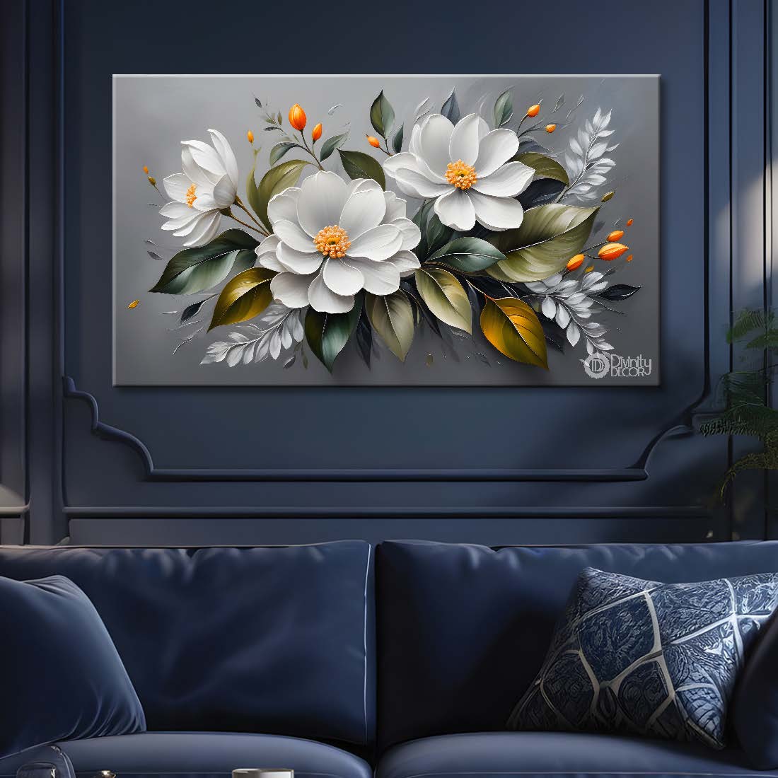 White flowers in grey background canvas painting- Flower-450
